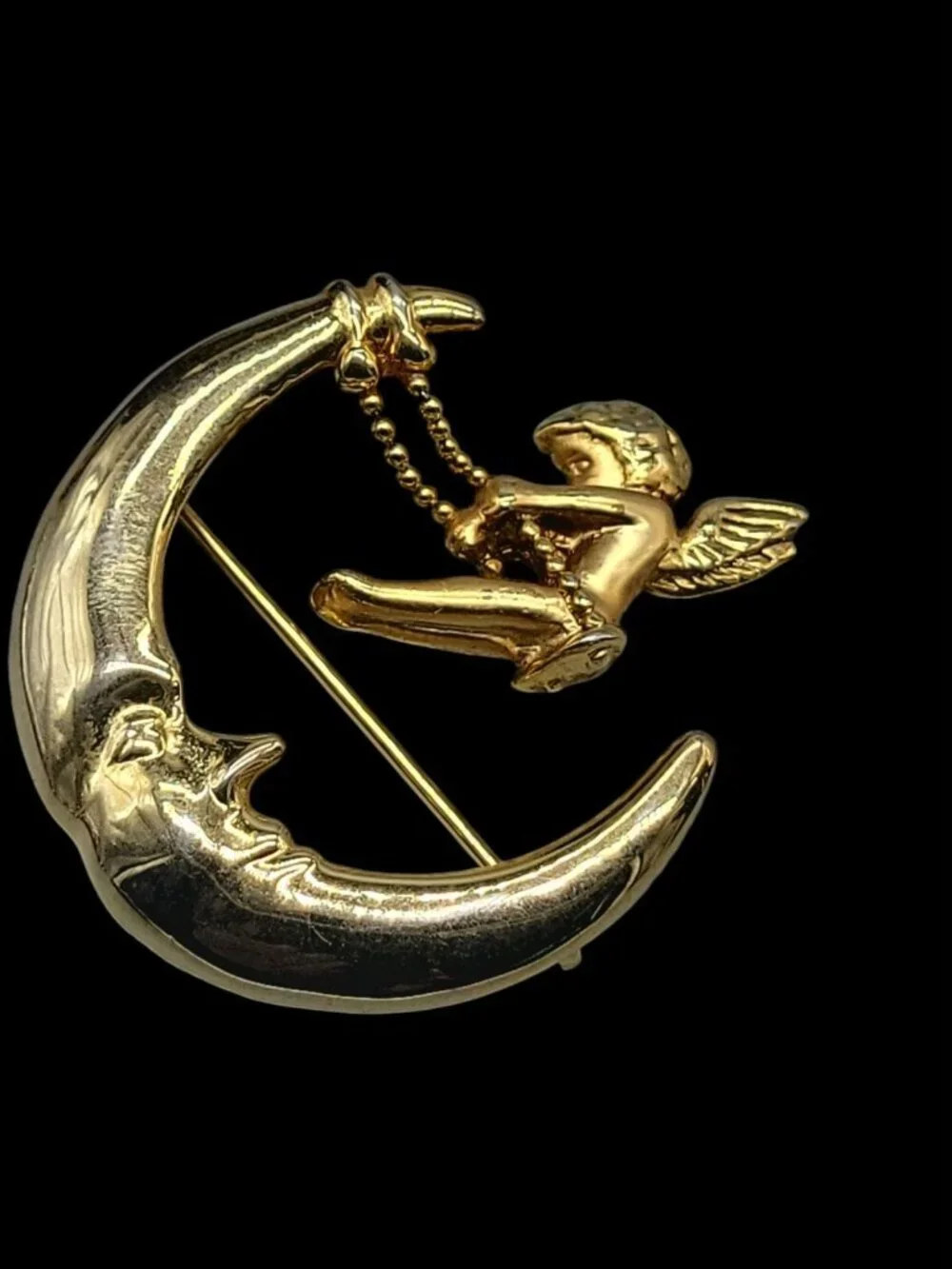 Vintage Danecraft Man on the Moon Brooch Cherub Angel Swinging Gold Tone